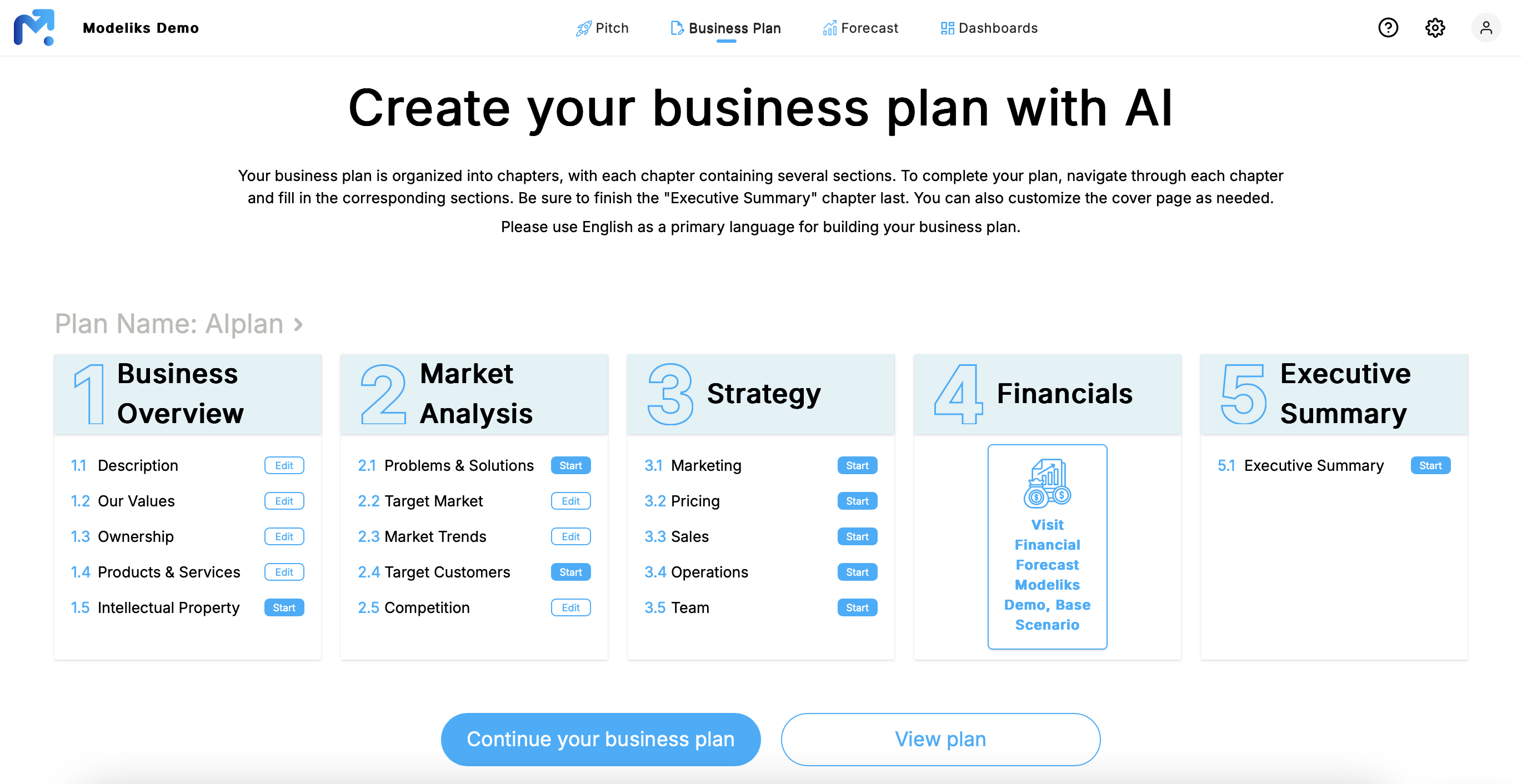 AI Business Plan with Modeliks